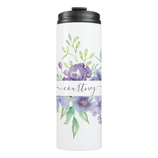 Lilac watercolor floral personalized  thermal tumbler (Front)