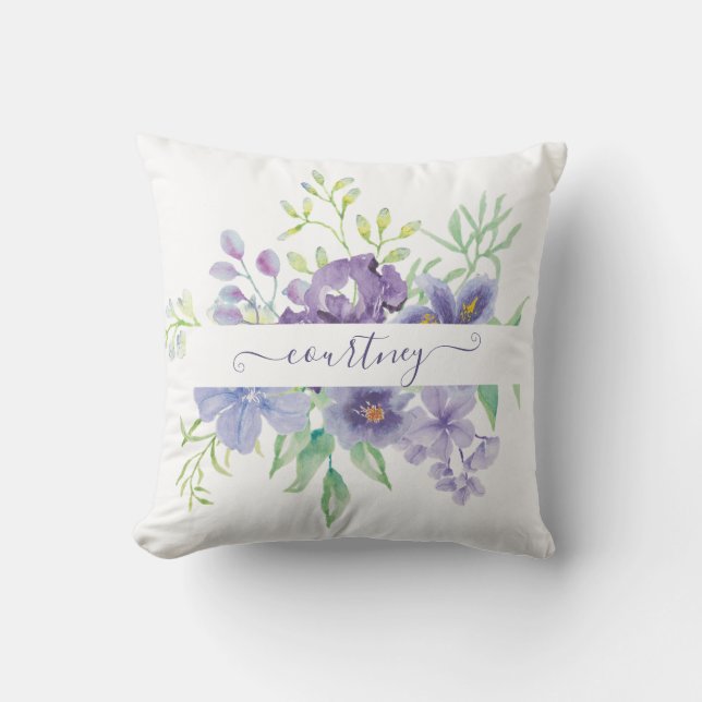 Lilac watercolor floral personalized throw pillow (Front)