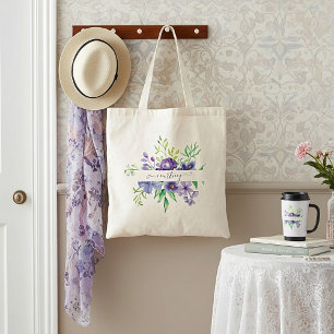 Lilac watercolor floral personalized  tote bag