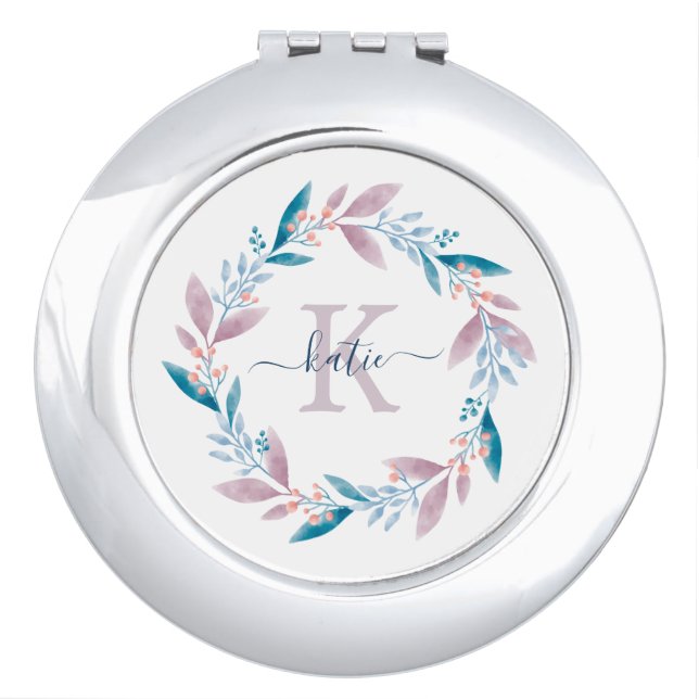 Lilac Watercolor Floral Wreath Monogram Compact Mirror (Front)