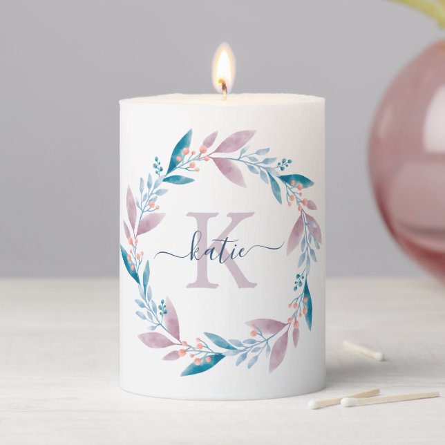 Lilac Watercolor Floral Wreath Monogram Pillar Candle (In Situ)