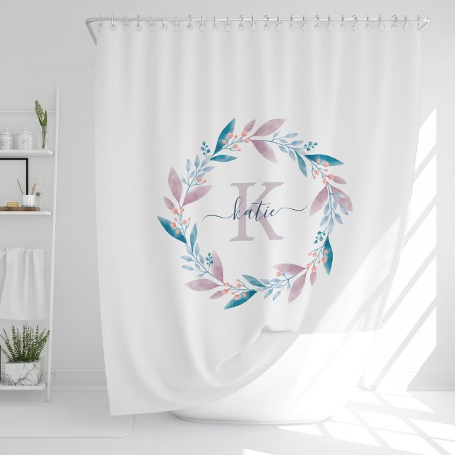 Lilac Watercolor Floral Wreath Monogram Shower Curtain (Creator Uploaded)