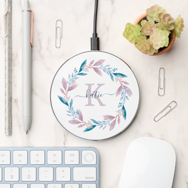 Lilac Watercolor Floral Wreath Monogram Wireless Charger (Desk)