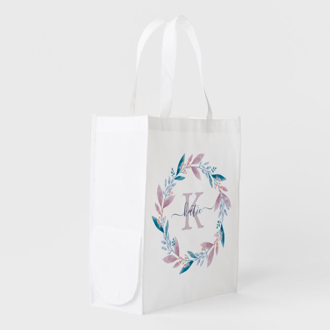 Lilac Watercolor Floral Wreath Monogrammed Grocery Bag
