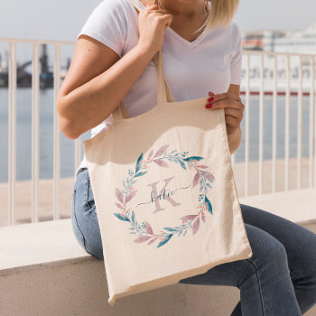 Lilac Watercolor Floral Wreath Monogrammed Tote Bag by heartlocked at Zazzle