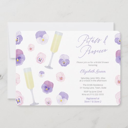 Lilac Watercolor Petals And Prosecco Bridal Shower Invitation
