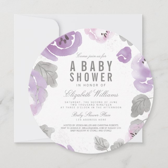 Lilac Watercolor Roses Baby Shower Round Invite (Front)