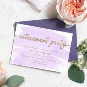 Lilac Watercolour Gold Retirement Party Invitation
