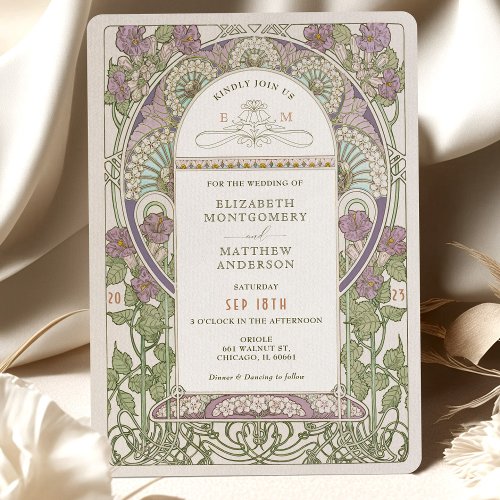 Lilac Wedding Invitations Art Nouveau by Mucha