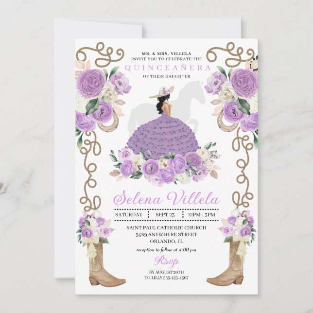 Lilac Western Mariachi Charro Princess Quinceañera Invitation (Front)