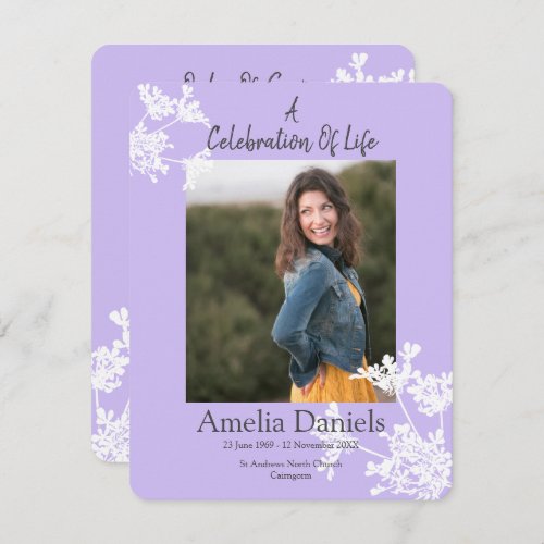 Lilac White Floral Celebration Of Life Photo Card