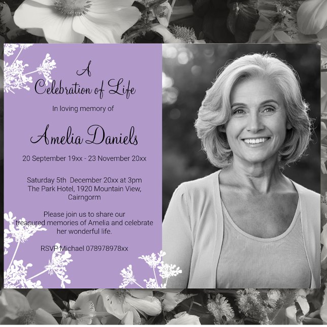 Lilac White Flower  Photo Celebration of Life Card (Creator Uploaded)