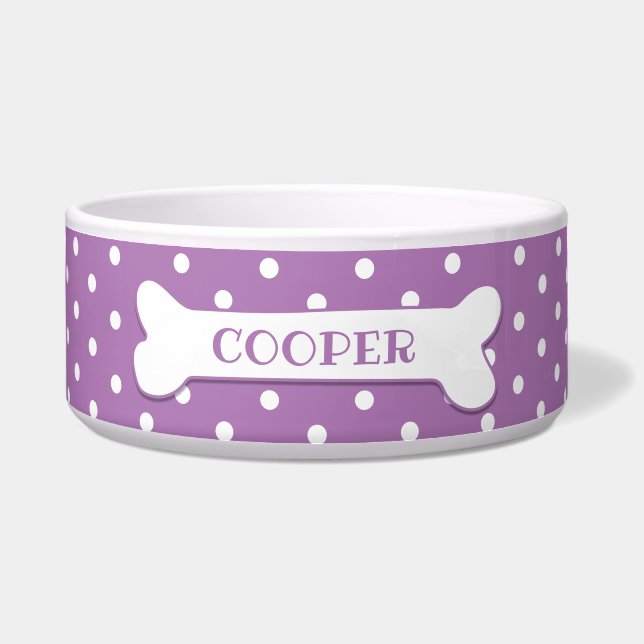 Lilac White Polka Dots Dog Bone Personalized Dog Bowl (Front)