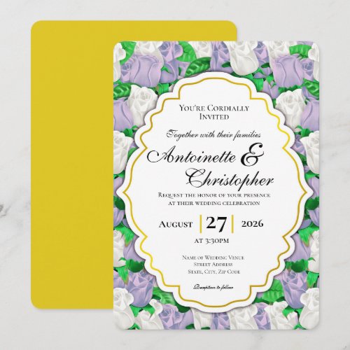 Lilac &amp; White Rose Wedding Invite with Gold Border