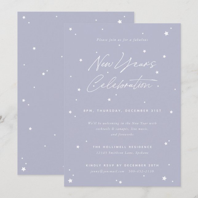 Lilac+White Script Scattered Stars New Year' Party Invitation (Front/Back)