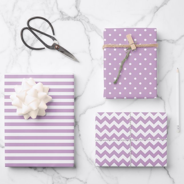 Lilac & White Stripes Polka Dot Chevron Pattern Wrapping Paper Sheets (Front)