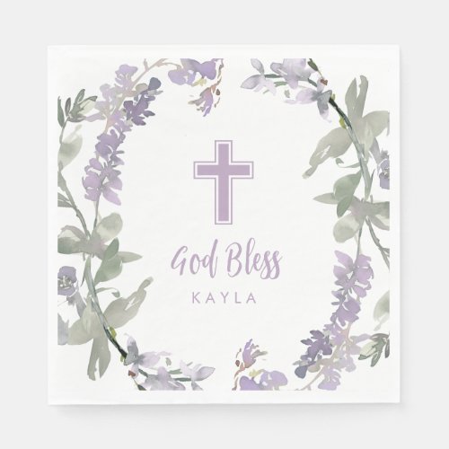 Lilac Wild Flower Wreath  Cross Baptism God Bless Napkins