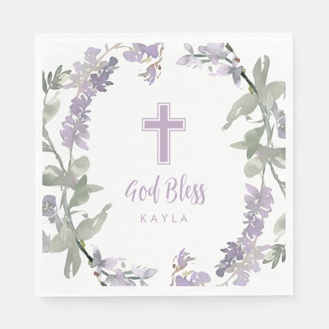 Lilac Wild Flower Wreath & Cross Baptism God Bless Napkins (Front)