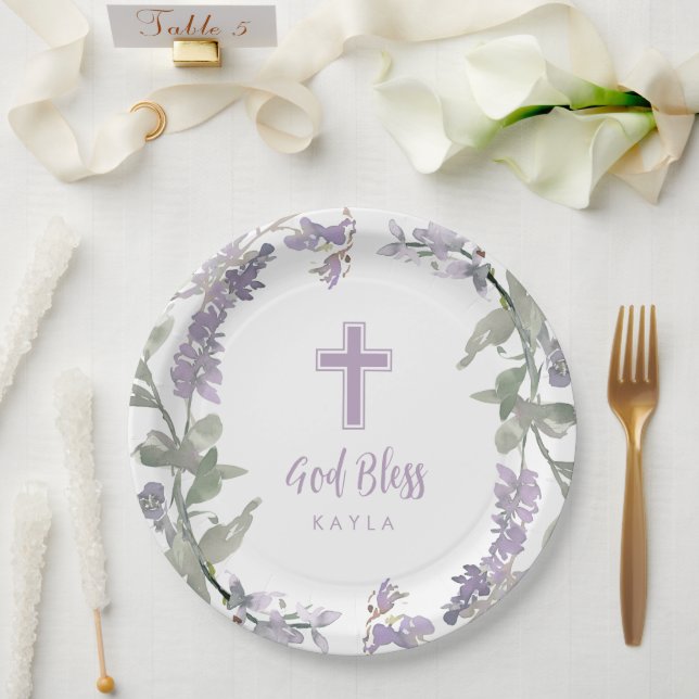 Lilac Wild Flower Wreath & Cross Baptism God Bless Paper Plates (Wedding)