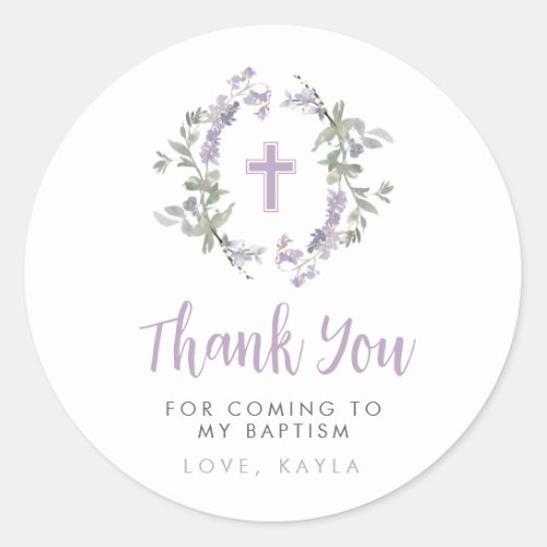 Lilac Wild Flower Wreath  Cross Baptism Thank You Classic Round Sticker