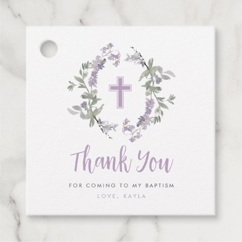 Lilac Wild Flower Wreath  Cross Baptism Thank You Favor Tags