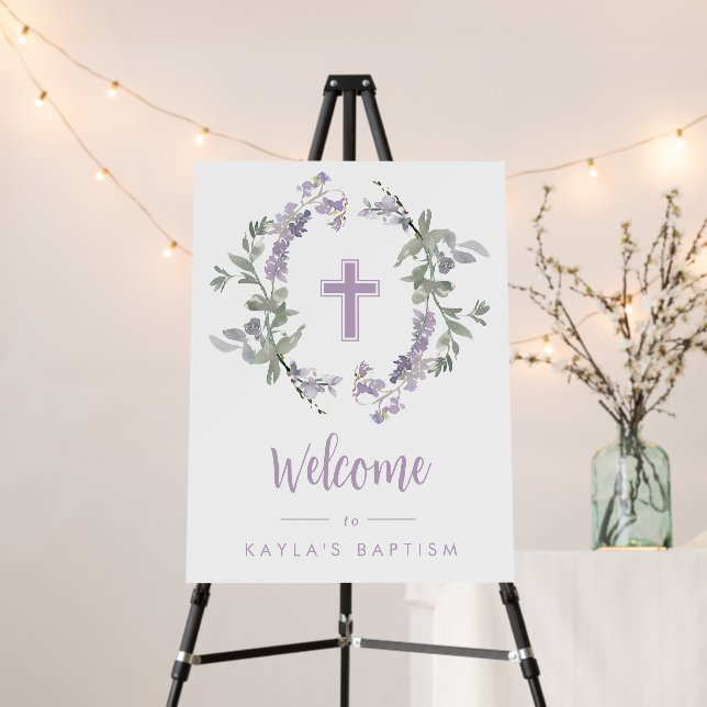 Lilac Wild Flower Wreath & Cross Baptism Welcome Foam Board (In Situ (Stand))