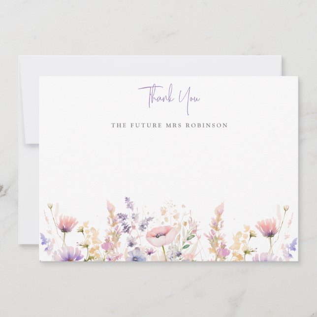 Lilac Wild Flowers Bridal Shower  Thank You Card (Front)