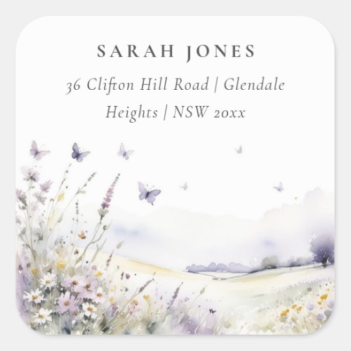 Lilac Wildflower Butterfly Field Landscape Address Square Sticker