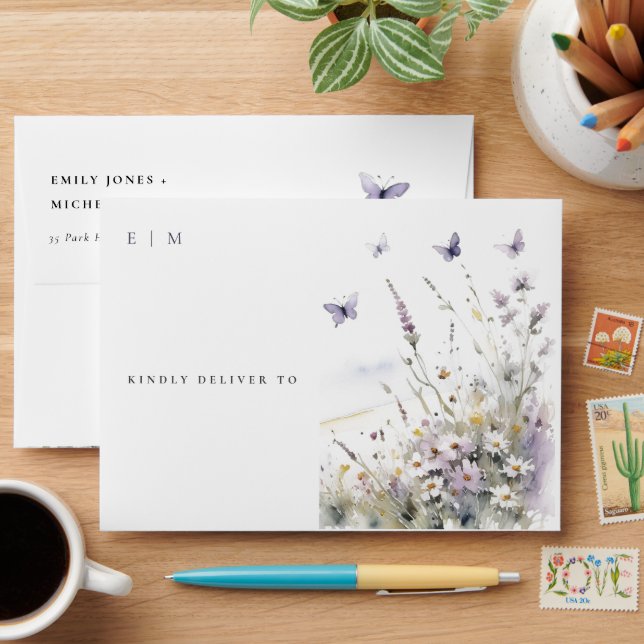 Lilac Wildflower Butterfly Field Landscape Wedding Envelope (Desk)