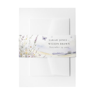 Lilac Wildflower Butterfly Field Landscape Wedding Invitation Belly Band
