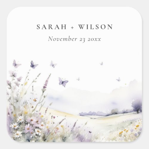 Lilac Wildflower Butterfly Field Landscape Wedding Square Sticker