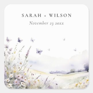 Lilac Wildflower Butterfly Field Landscape Wedding Square Sticker