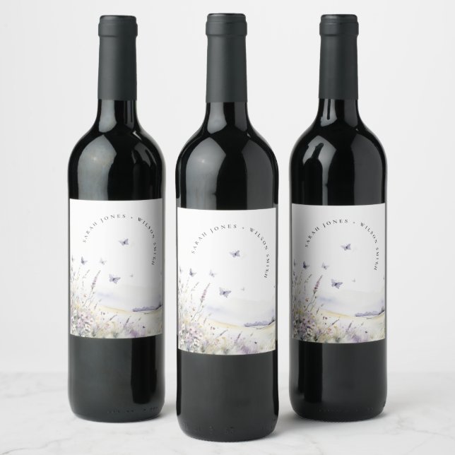 Lilac Wildflower Butterfly Field Landscape Wedding Wine Label (Bottles)