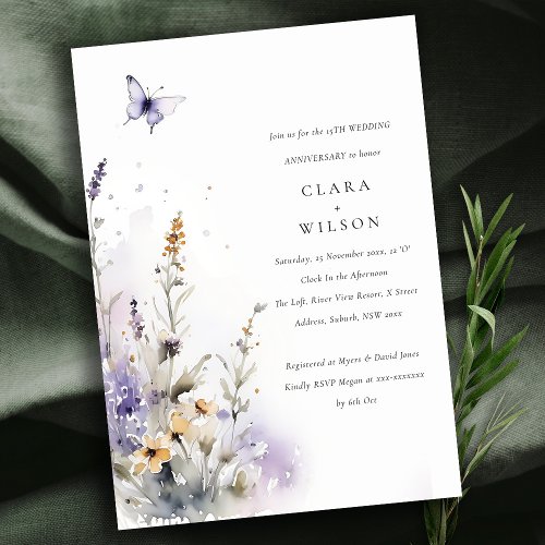 Lilac Wildflower Butterfly Garden Anniversary Invitation