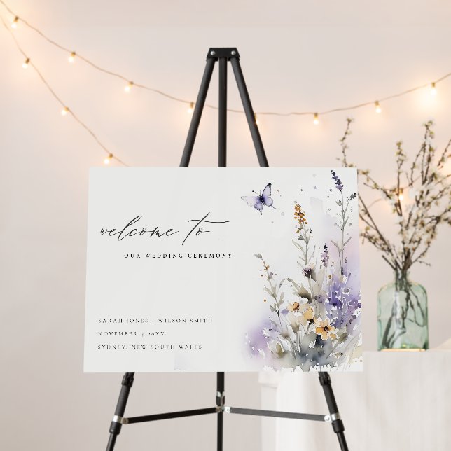 Lilac Wildflower Butterfly Garden Wedding Welcome Foam Board (In Situ (Stand))