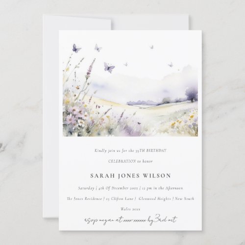 Lilac Wildflower Butterfly Landscape Birthday Invitation