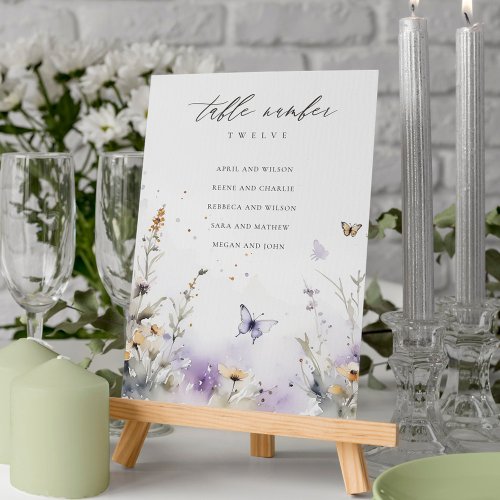 Lilac Wildflower Butterfly Wedding Seating Chart Table Number