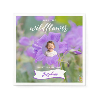 Lilac Wildflower Custom Baby Photo Happy Birthday Napkins