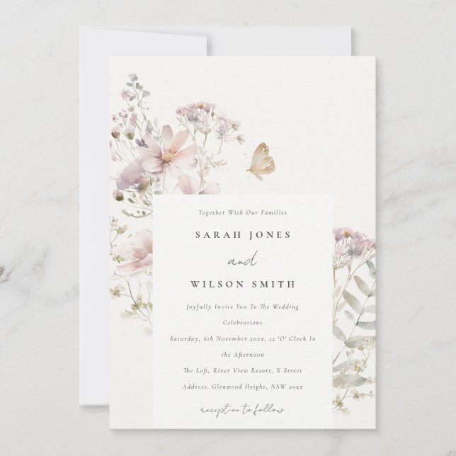 Lilac Wildflower Fern Botanical Watercolor Wedding Invitation (Front)