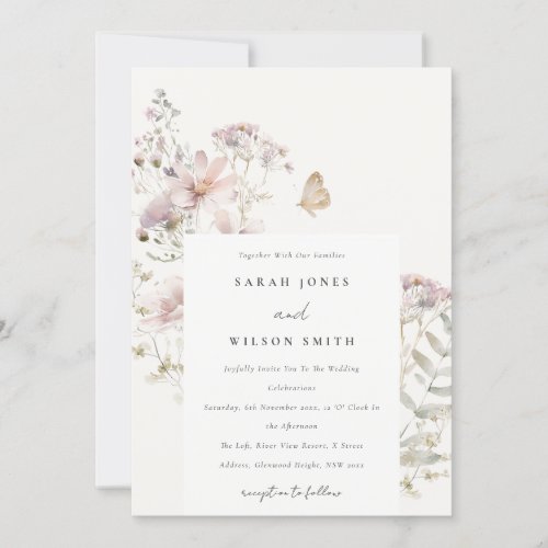 Lilac Wildflower Fern Botanical Watercolor Wedding Invitation