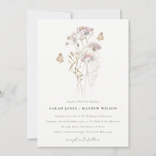 Lilac Wildflower Fern Botanical Watercolor Wedding Invitation (Front)