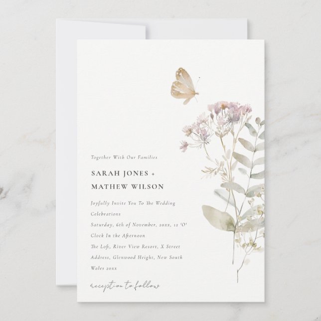 Lilac Wildflower Fern Botanical Watercolor Wedding Invitation (Front)