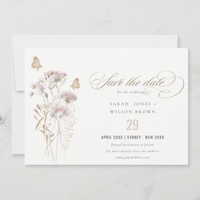 Lilac Wildflower Fern Botanical Watercolor Wedding Save The Date (Front)