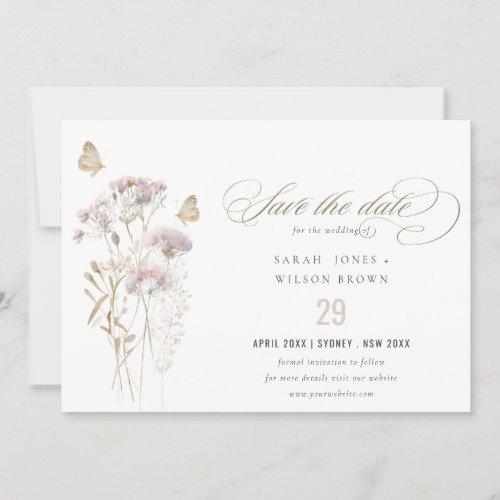Lilac Wildflower Fern Botanical Watercolor Wedding Save The Date