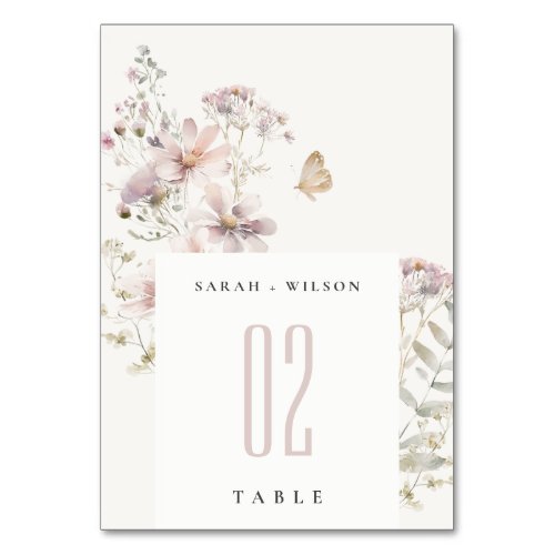 Lilac Wildflower Fern Botanical Watercolor Wedding Table Number