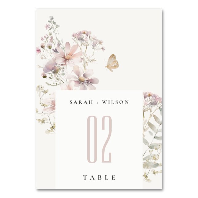 Lilac Wildflower Fern Botanical Watercolor Wedding Table Number (Front)