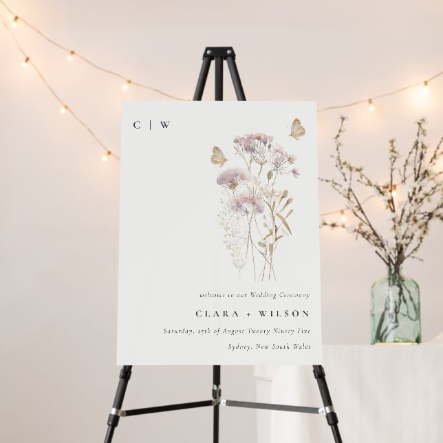 Lilac Wildflower Fern Botanical Wedding Welcome Foam Board (In Situ (Stand))