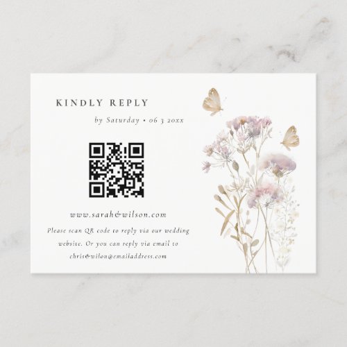 Lilac Wildflower Fern Foliage Wedding QR Code RSVP Enclosure Card