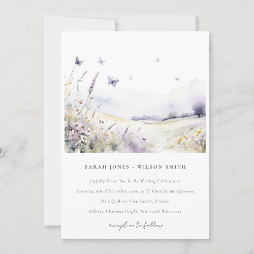 Lilac Wildflower Field Butterfly Landscape Wedding Invitation