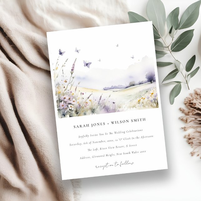 Lilac Wildflower Field Butterfly Landscape Wedding Invitation (Creator Uploaded)